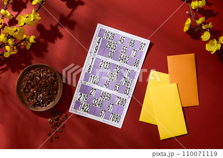 Flat lay of a plate of melon seeds, a lottery sheet, lucky money envelope and yellow apricot flower branch on a red background. Festive atmosphere. 110071119