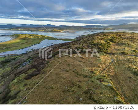 Aerial view of Castlegoland hill by Portnoo - County Donegal, Ireland. 110071326