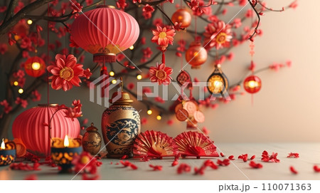 Harmony in Red and Gold: A Grand Lunar Festivity Marking the Year of Abundance, Joy, and Prosperity in a Tapestry of Traditional Delights. 110071363
