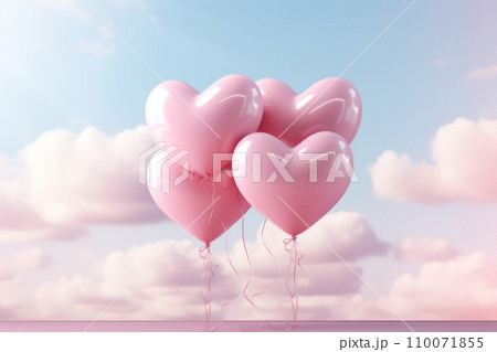 AI-generated content. Four Pink Heart Balloons in the Beautiful Blue Sky with Soft Clouds 110071855