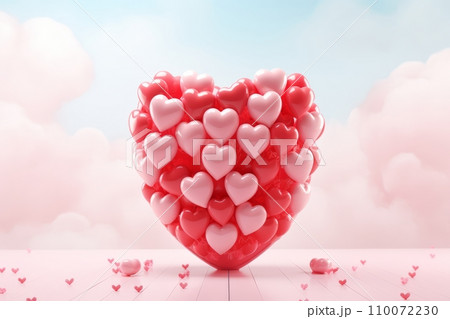 AI-generated content. Heart shape made of Pink balloon floating on pink background. Minimal idea concept. 110072230