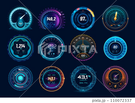 Speedometer neon dial, car and internet traffic speed gauge dashboard, futuristic counter interface, vector HUD elements. Digital charge, speed meter and connection test indicators, race sport game 110072337