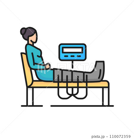 Ultrasound treatment of varicose veins and edema color line icon. Vector phlebologist and laser, diagnosis of thrombosis. Ultrasound of veins in legs 110072359