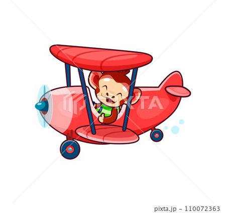Cartoon cute monkey animal character on plane. Jungle cute animal baby flying on propeller airplane, adorable monkey kid isolated vector personage traveling on vintage plane, sitting in old aircraft Cartoon cute monkey animal character on plane. Jungle cute animal baby flying on propeller airplane, adorable monkey kid isolated vector personage traveling on vintage plane, sitting in old aircraft 110072363