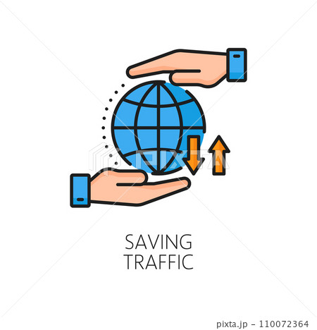 Saving traffic. CDN. Content delivery network icon, Internet network file storage and backup server sign, website content delivery technology, CDN linear vector icon with human hands and globe Saving traffic. CDN. Content delivery network icon, Internet network file storage and backup server sign, website content delivery technology, CDN linear vector icon with human hands and globe 110072364