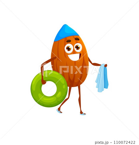 Cartoon almond nut character enjoys a beach stroll, carrying towel and rubber ring. Isolated vector playful whimsical kernel personage having water fun and joy at sunny day by the sea or swimming pool 110072422