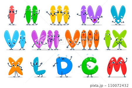 Roman numeral or number characters. Cartoon numerical system personages with adorable faces used in ancient Rome. Cute funny letters I, II, III, IV, V and VI, VII, VIII or IX, X, L, D with C and M Roman numeral or number characters. Cartoon numerical system personages with adorable faces used in ancient Rome. Cute funny letters I, II, III, IV, V and VI, VII, VIII or IX, X, L, D with C and M 110072432