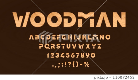 Furniture font, wooden type, timber alphabet, oak or pine tree texture typeface. English ABC numeral and punctuation symbols, font typeset vector letters and digits with wooden furniture texture Furniture font, wooden type, timber alphabet, oak or pine tree texture typeface. English ABC numeral and punctuation symbols, font typeset vector letters and digits with wooden furniture texture 110072455
