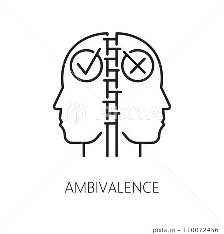Ambivalence psychological disorder problem, mental health. Human psychology, psychotherapy vector icon. Cognitive disorder or mental health problem outline symbol with human faces halves silhouettes 110072456