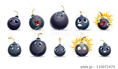 Cartoon bomb characters with wick or fuse. Explosive, weapon personages and burst. Vector set of funny emoticons express emotions of excitement, surprised, laugh, happiness, shock and confusion 110072474
