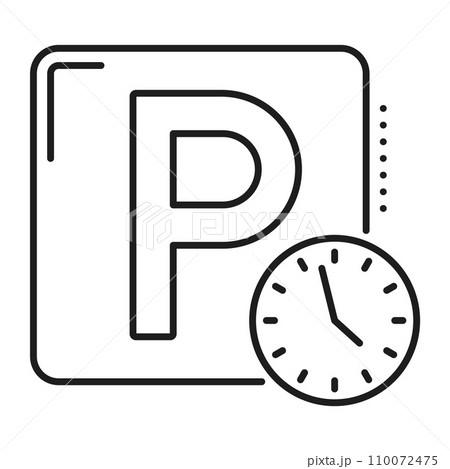 Vehicle time-limited parking thin line icon. Automobile public parking space with time limit, garage location outline pictogram or monochrome line symbol with road sign and clock 110072475