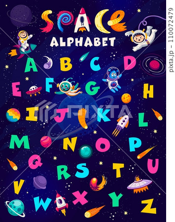 Cartoon space alphabet vector poster. Kid astronauts and aliens characters, galaxy planets, rocket, UFO and spaceship, english abc letters on space sky background. Astronomy science kids education Cartoon space alphabet vector poster. Kid astronauts and aliens characters, galaxy planets, rocket, UFO and spaceship, english abc letters on space sky background. Astronomy science kids education 110072479