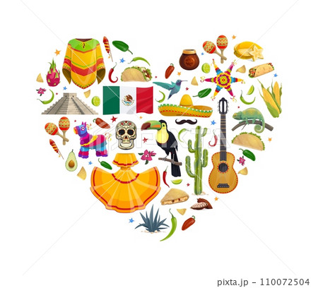 Mexico heart with national cuisine and animals, flag, sugar skull and pyramid cartoon pattern. Vector mexican holiday sombrero, guitar, maracas and cactus, chili, tex mex food, pinata, lizard and bird Mexico heart with national cuisine and animals, flag, sugar skull and pyramid cartoon pattern. Vector mexican holiday sombrero, guitar, maracas and cactus, chili, tex mex food, pinata, lizard and bird 110072504