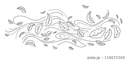 Doodle autumn leaves flying in the wind. Falling season outline backdrop, air flow leaves wave linear pattern or wind blowing doodle vector print. Autumn windy weather hand drawn monochrome background 110072509