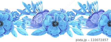 Hand drawn watercolor blue flowers and leaves seamless border isolated on white. Can be used for label, tape, decoration and other printed products. 110072857