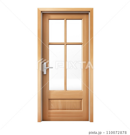 AI-generated content. A door for an apartment with transparent windows is cut out on a transparent background. Light wooden door with transparent windows in a modern style. Element to insert into the 110072878