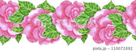 Hand drawn watercolor pink azalea seamless border isolated on white background. Can be used for label, textile, decoration and other printed products. 110072892
