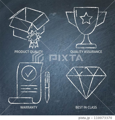 Product quality and warranty icon set on chalkboard 110073370
