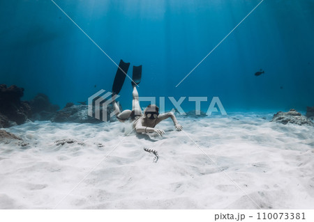 Woman free diver and venomous sea snake in tropical blue ocean 110073381