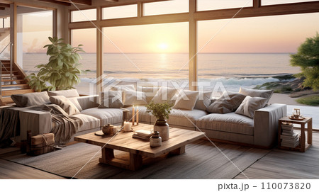 夕陽のオーシャンビューのリビングルーム Ocean view living room AI生成画像 夕陽のオーシャンビューのリビングルーム Ocean view living room AI生成画像 110073820