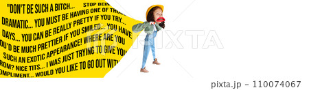 Young girl carrying garbage of social opinion aiming on pressure, judgement and discrimination. Conceptual design. Contemporary artwork. Young girl carrying garbage of social opinion aiming on pressure, judgement and discrimination. Conceptual design. Contemporary artwork. 110074067