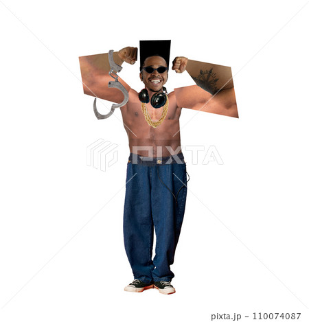 Young African man breaking chains, reaching freedom and social acceptance. Conceptual design. Contemporary artwork. Young African man breaking chains, reaching freedom and social acceptance. Conceptual design. Contemporary artwork. 110074087