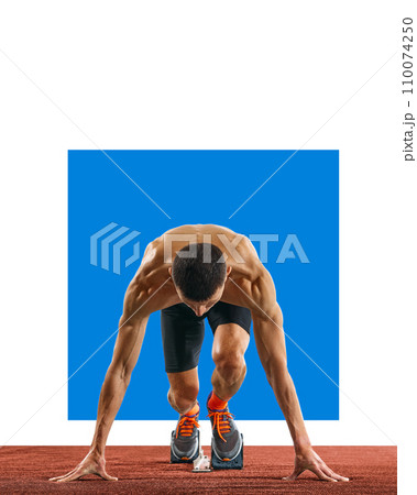 Poster. Young athletic sportsman, professional runner at low start to runs up quickly against background with negative space for text. 110074250
