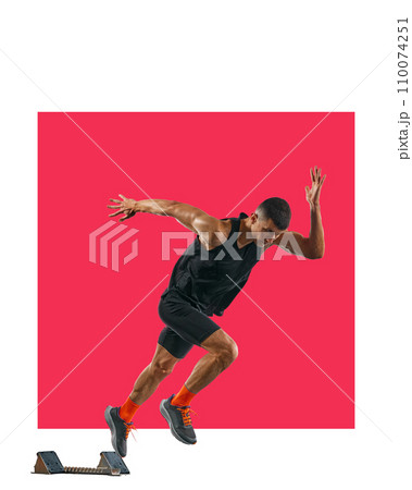 Poster. Dynamic portrait of young sportsman, professional runner runs up quickly against background with negative space for text. 110074251