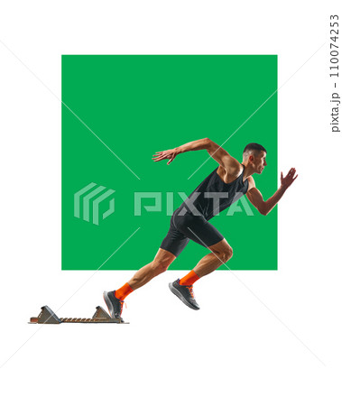 Poster. Side view full length portrait of young sportsman, professional runner runs up quickly against background with copy space for text. 110074253