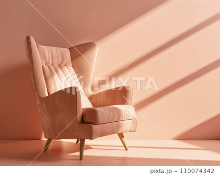 AI-generated content. A soft peach-colored chair against a wall with sunlight from the window 110074342