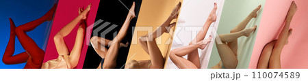 Creative collage made of cropped portraits of fit female body parts, legs with well kept skin. Smooth legs, anti cellulite care and treatment. Creative collage made of cropped portraits of fit female body parts, legs with well kept skin. Smooth legs, anti cellulite care and treatment. 110074589