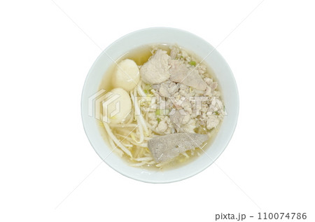 boiled slice soft and chop pork and meatball in clear soup on bowl  110074786