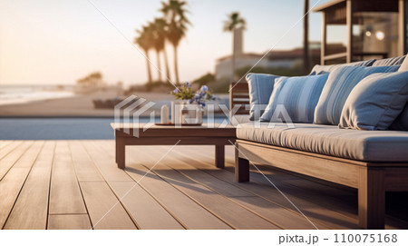 ビーチサイドのウッドデッキで夕陽を見てまったり wood deck at beach AI生成画像 110075168