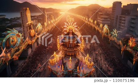 AI-generated content. Popular, traditional carnival. Aerial view on the long decorated street with festive crowd celebrating event, singing, dancing, wearing masquerade costumes 110075196