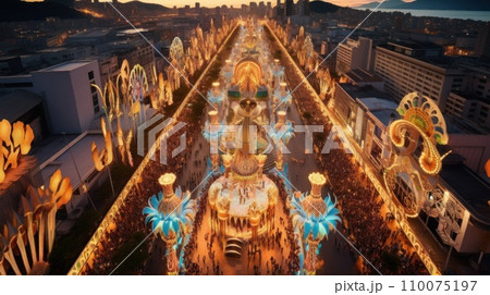 AI-generated content. Popular, traditional carnival. Aerial view on the long decorated street with festive crowd celebrating event, singing, dancing, wearing masquerade costumes 110075197