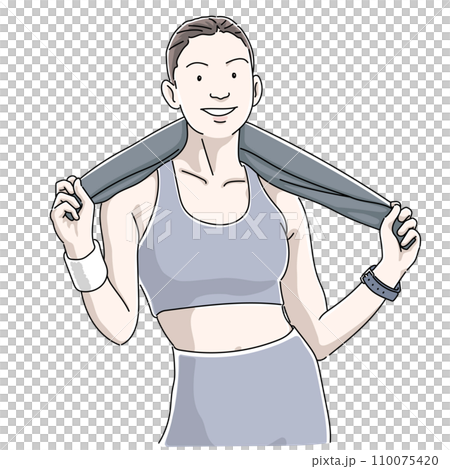 訓練後微笑的女人從肩膀上抓起毛巾 110075420