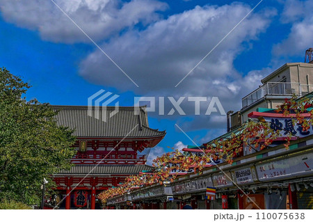 【東京】浅草寺、赤い大きな提灯や龍の彫刻、仲見世商店街、海外からお越しの方も多く賑わっていました。 110075638