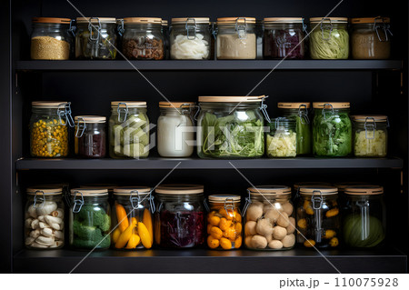 Glass jars with food products neatly arranged on the shelves of the kitchen cabinet 110075928