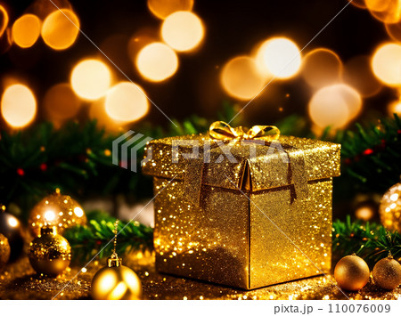 Christmas gift box with golden baubles on bokeh background 110076009