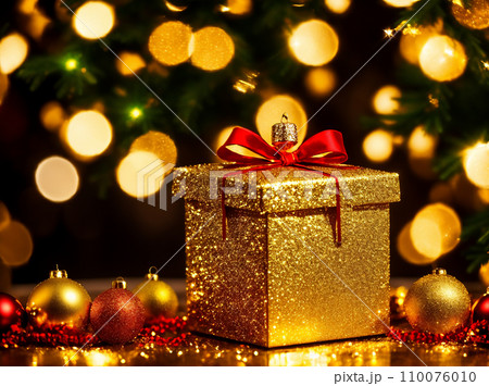Christmas gift box with golden baubles on bokeh background 110076010