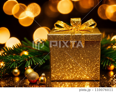 Christmas gift box with golden baubles on bokeh background 110076011