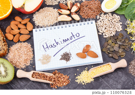 Notepad with inscription hashimoto and best ingredients for healthy thyroid Notepad with inscription hashimoto and best ingredients for healthy thyroid 110076328