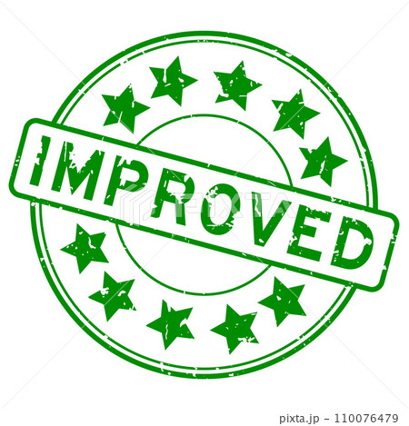 Grunge green improved word with star icon round rubber seal stamp on white background 110076479