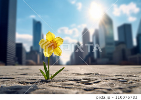 亀裂から芽を出し成長し花が咲く。逆境を打ち克つ生命力。希望を失わなず目標を達成する。「AI生成画像」 110076783