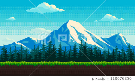 Pixel art game mountain location. Summer seamless background with snow capped peaks, fir tree forest and grass. 8-bit retro style illustration for video arcade. 110076850