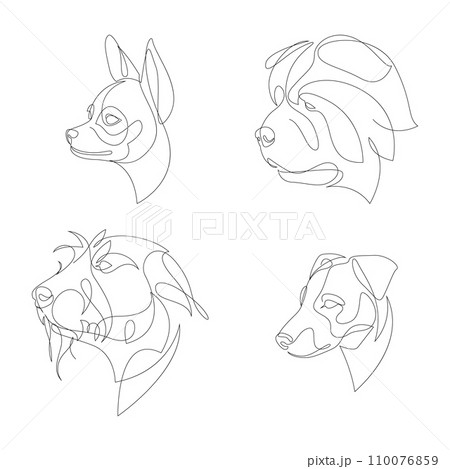 Breeds of dogs drawn in minimal style set. One line dogs. Vector illustration. 110076859