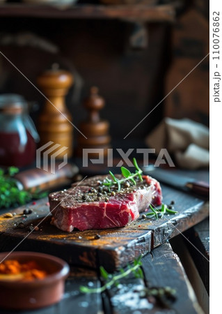 AI-generated content. Raw meat steak on dark rustic background 110076862