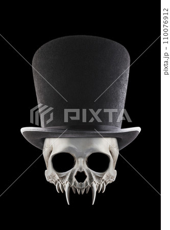 Vampire skull with extra tall black vintage top hat isolated on black background 110076912