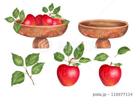 Set with wooden bowl and red apples with green leaves. Natural fruits.Organic, local, seasonal fruits and harvesting concept. Botanical works of art. Watercolor and markers. Hand drawn isolated art. 110077114