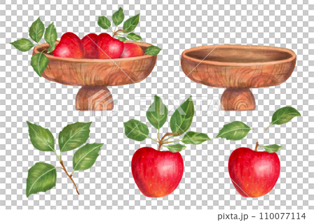 Set with wooden bowl and red apples with green leaves. Natural fruits.Organic, local, seasonal fruits and harvesting concept. Botanical works of art. Watercolor and markers. Hand drawn isolated art. 110077114